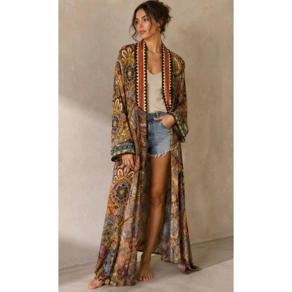 Johnny Was Jackets & Blazers - Johnny Was M Sandalwood Tove Kimono Duster 100% Silk Embroidery Pockets $435